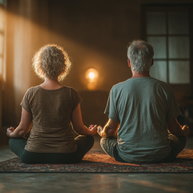 Grup de persoane în vârstă practice yoga pentru echilibru și wellness